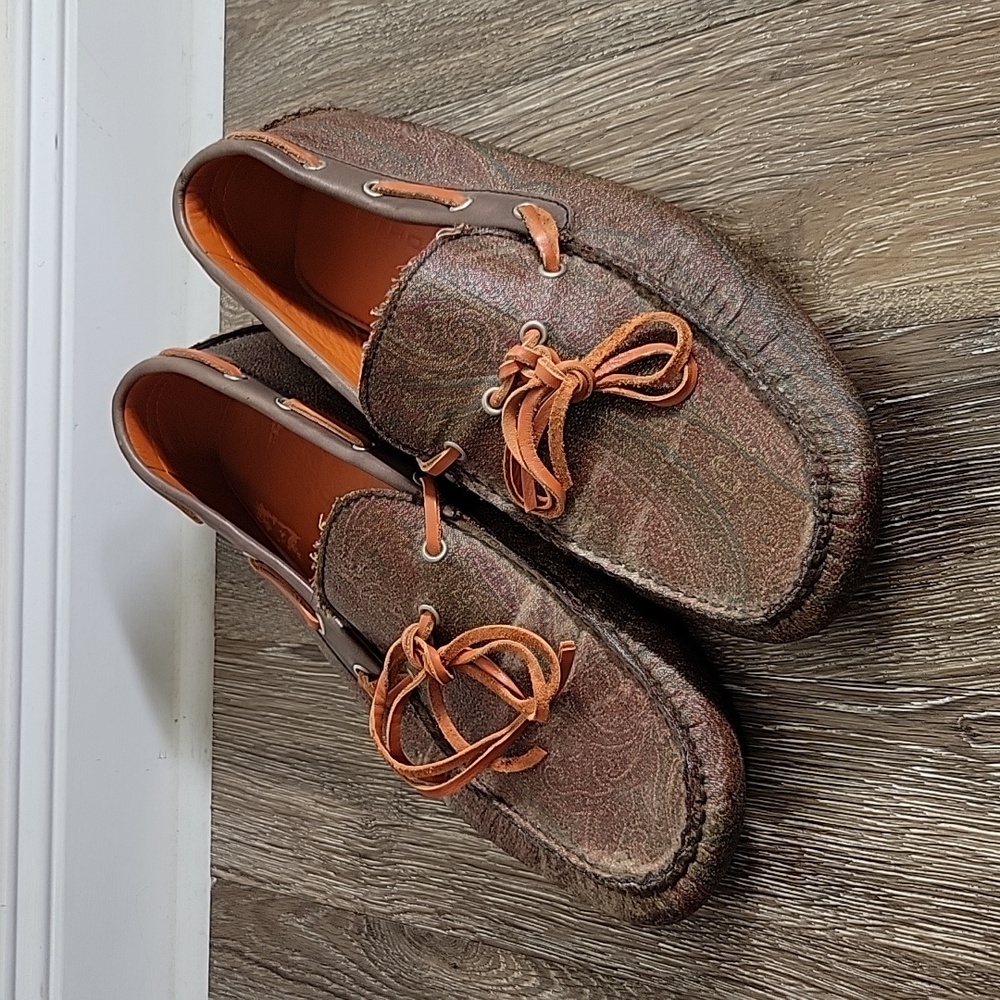 ETRO Brown Paisley Print Canvas Bow Slip On Drivers Loafers Moccasin Sz 44 US 11
